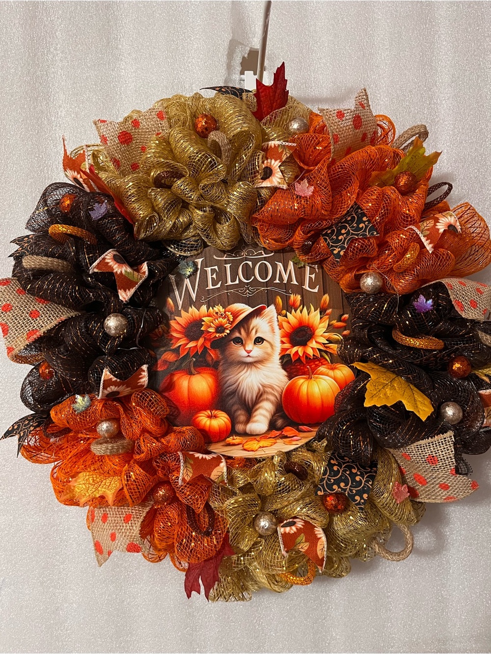 Autumn Kitten Welcome Wreath - Orange, Brown & Gold